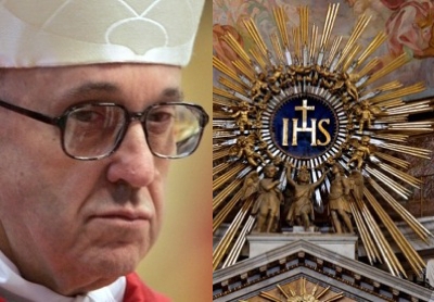 Here we see Francis and the satanic IHS - Sun god symbol